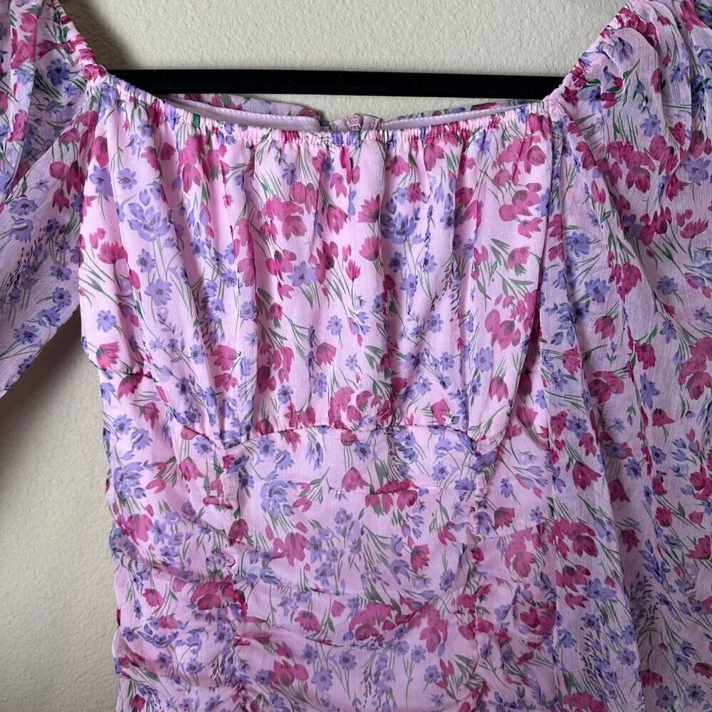 ZARA Purple Pink Floral Ruched Sheer Long Sleeve Mini Dress Size Small